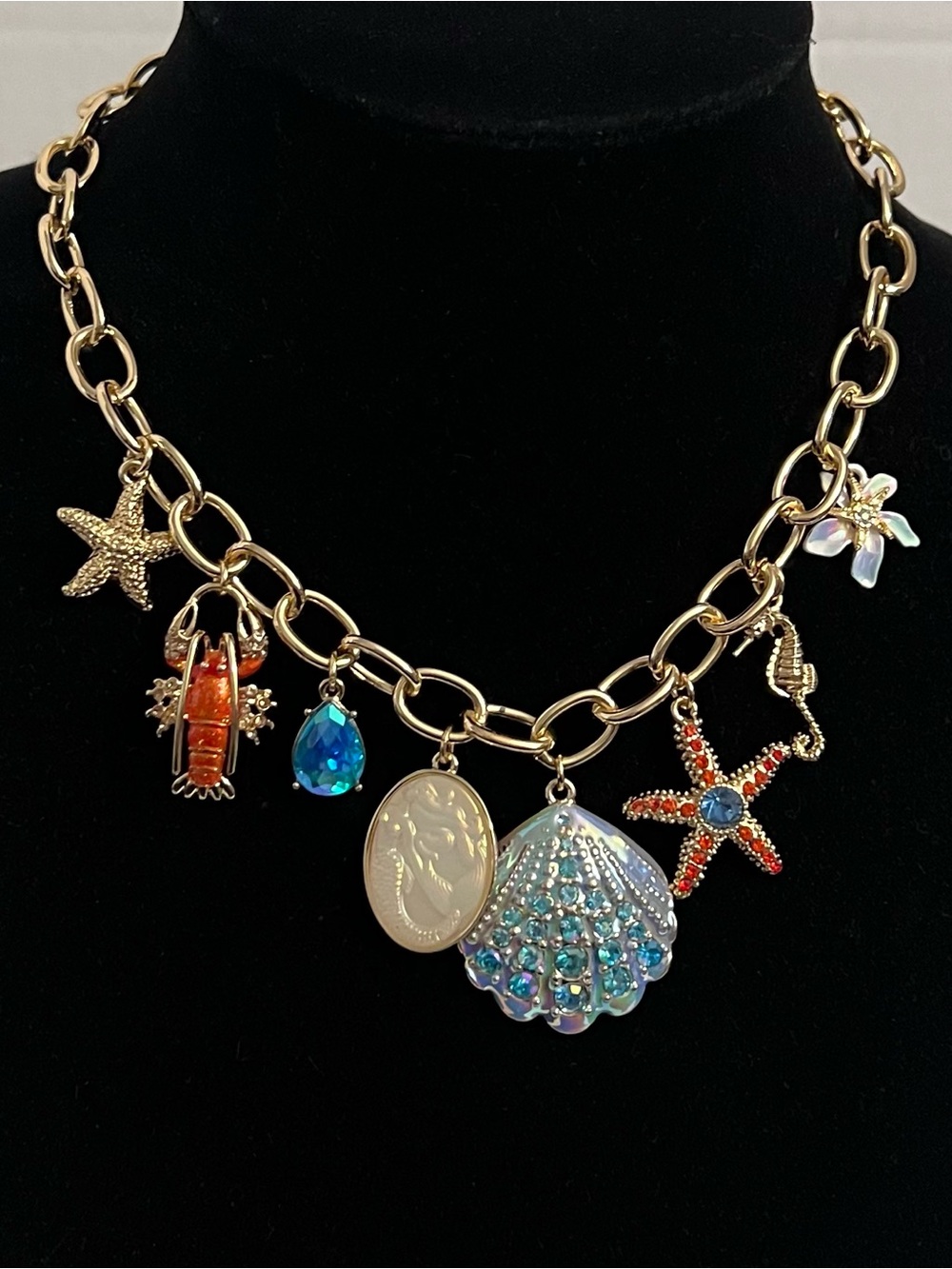 Betsey Johnson Seashell Charm Gold Necklace with Blue & Red Accents